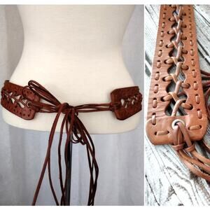 Brown Leather Lace-Up Design Fringe Wrap Belt Women's Small Boho Western